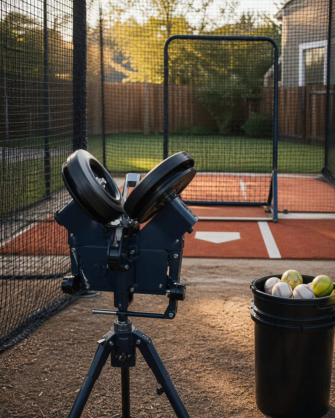 Conceptual unbranded pitching machine inside a backyard batting cage
